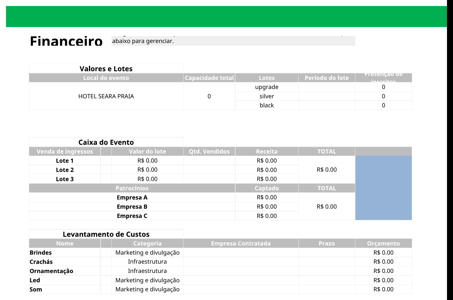 Aba Financeiro da planilha