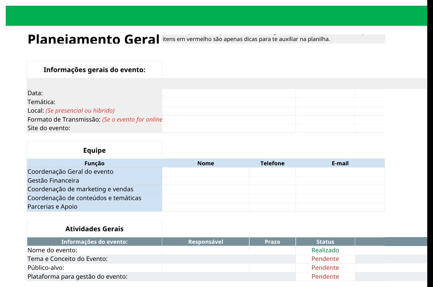 Aba Planejamento Geral da planilha